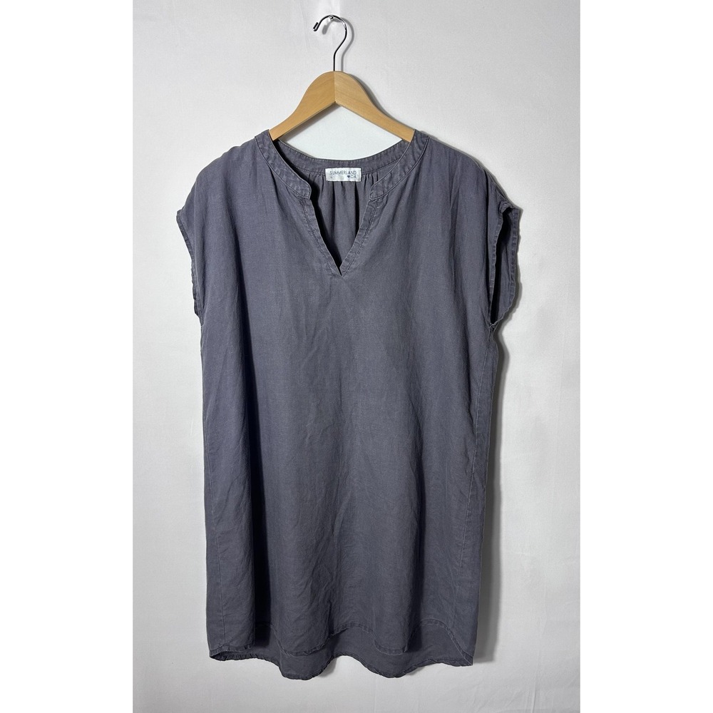 Summerland CA Dress Womens XL Gray Linen Shift V Neck Knee Length Casual